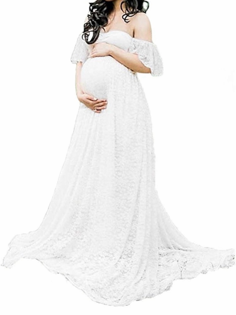 White Off-Shoulder Maternity Lace Gown